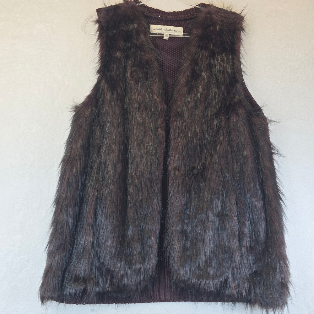 Bugandy Faux Shag Fur Vest w/Pockets Womens XL Burgundy Boho Mob Wife Retro 90s